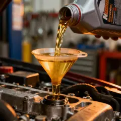 Un mécanicien verse de l'huile neuve dans le moteur d'une voiture, une étape essentielle pour la vidange d'huile moteur.