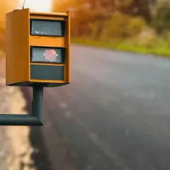 Radar de vitesse orange sur le bord de la route, rappelant de ne pas utiliser le téléphone au volant.