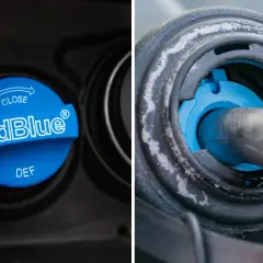 Bouchon AdBlue bleu fermé à gauche, remplissage AdBlue à droite. Le moteur peut être chaud ou froid lors de cette opération.