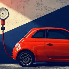 Manomètre de pression des pneus d'une Fiat 500 rouge, prêt à être gonflé.