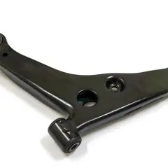 Bras de suspension noir, forme de triangle, avec un cylindre à une extrémité et une rotule à l'autre.