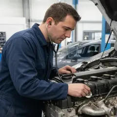 Mécanicien utilisant un stéthoscope pour diagnostiquer un bruit de moteur suspect dans un atelier.
