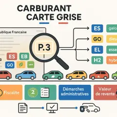 Carte grise : le carburant (essence ou diesel) est indiqué par P.3. Illustration des types de motorisation et de leurs implications fiscales.