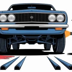 Mécanicien inspectant une fuite de joint spi sous une voiture bleue. Une bouteille rouge et du liquide renversé indiquent le problème.