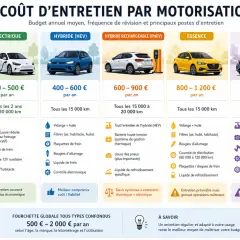 Coût d'entretien d'une voiture essence : 800-1200€/an. Vidange, filtres, bougies, courroie de distribution sont les principaux postes.