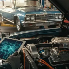 Un mécanicien utilise une tablette pour diagnostiquer une voiture classique, une prime reprise voiture plus de 10 ans.