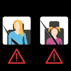 Ceinture à l'arrière obligatoire : une femme bien attachée (sourire), une autre non (triangle), une enfant non attachée (triangle), une autre femme non attachée (triangle).