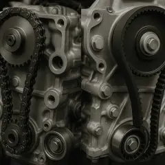Comparaison d'un moteur de Golf 7 : chaîne de distribution à gauche, courroie de distribution à droite.