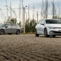 Deux Volkswagen Golf 8, une grise et une blanche, stationnées sur un sol pavé. La longueur de la Golf 8 est bien mise en valeur.