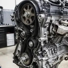 Gros plan sur la courroie de distribution d'un moteur de Peugeot 208, avec des engrenages et des poulies visibles dans un atelier.