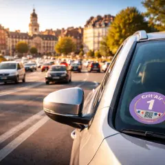 Autocollant Crit'Air 1 sur un pare-brise, avec une circulation dense en arrière-plan dans une ville baignée de soleil.