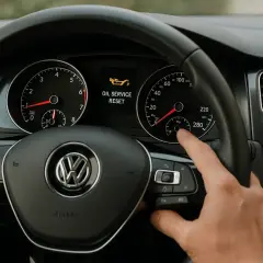 Tableau de bord d'une Golf 7 avec le message "OIL SERVICE RESET". Une main appuie sur un bouton pour la remise à zéro vidange.