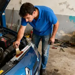 Mécanicien appliquant de l'huile sur une jauge. Même si la voiture roule peu, la fréquence de vidange reste importante pour son bon fonctionnement.