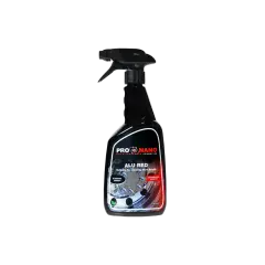 Spray pour nettoyer jantes alu très encrassées. Le produit "ALU RED" de ProNano, avec effet de saignement, pour un nettoyage professionnel.
