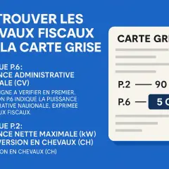 Carte grise : la rubrique P.6 indique les chevaux fiscaux (CV). Ici, 5 CV.