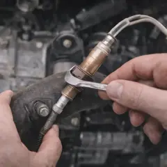 Main d'un mécanicien utilisant une clé pour retirer une sonde lambda rouillée. La reprogrammation de la sonde lambda est une étape cruciale pour optimiser les performances du moteur.