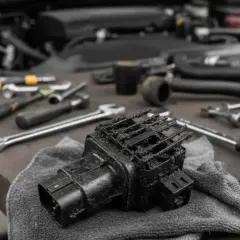 Un débitmètre d'air encrassé, un symptôme de problèmes moteur. Outils de mécanique en arrière-plan.