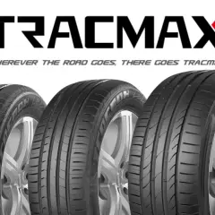Trois pneus Tracmax sur fond blanc. Le logo Tracmax est visible en haut, avec le slogan "Wherever the road goes, there goes Tracmax".