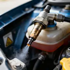 Gros plan sur un injecteur qui fuit, émettant de la vapeur sous le capot d'une voiture.