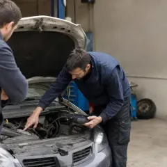 Mécanicien examinant un moteur de voiture avec un outil de diagnostic, tandis que le propriétaire écoute attentivement, espérant résoudre le bruit de ferraille quand il roule sur des bosses.