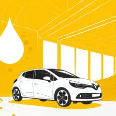 Une Clio 4 blanche est prête pour sa vidange. Une goutte d'huile stylisée flotte à côté, dans un décor jaune vif.