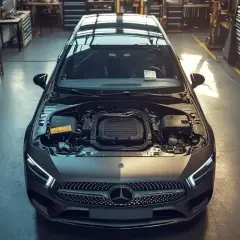 Capot ouvert d'une voiture moderne dans un atelier, symbole du fin des voitures thermiques.