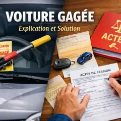 Comment savoir si une voiture est gagée : un volant avec un avis de véhicule gagé, une carte grise, des actes de cession et un livre rouge "Actes".