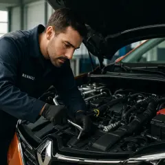 Mécanicien Renault concentré sur le moteur, assurant une révision parfaite. Le prix de la révision Renault est justifié par cette expertise.