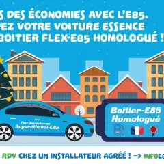Voiture bleue avec un boîtier E85 homologué, pour faire des économies. Prise de rendez-vous chez un installateur agréé.