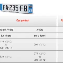 Tableau comparatif des dimensions pour une lettre plaque immatriculation de voiture et de moto.