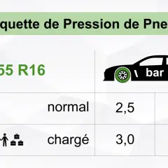 Étiquette de pression des pneus pour Audi A3, taille 205/55 R16. Recommandations pour une conduite normale ou chargée.