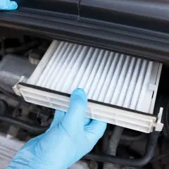 Maintenant, je vais changer le filtre habitacle de ma Mégane 3. Gants bleus pour une manipulation propre.