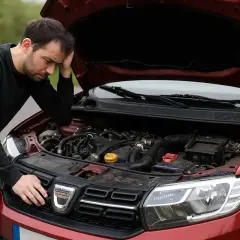 Homme inquiet devant le moteur ouvert d'une Dacia Sandero rouge, peut-être une panne ou une question sur sa consommation.