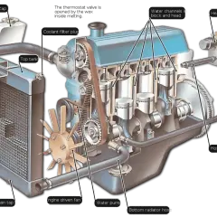 Schéma du circuit de refroidissement d'un moteur, montrant le radiateur, la pompe à eau, les canaux de refroidissement et les durites.