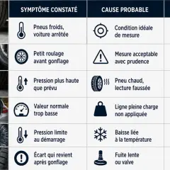 Tableau comparant les symptômes de pression des pneus, leurs causes probables et l'urgence, incluant la "pression des pneus à chaud" faussant la lecture.