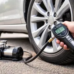 Vérification de la pression pneu Twingo 3 avec un manomètre numérique. Le pneu affiche 2.8 bars.