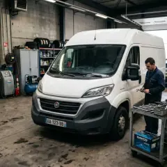 Mécanicien travaillant sur une courroie de distribution Fiat Ducato dans un garage. Outils et pièces à proximité.