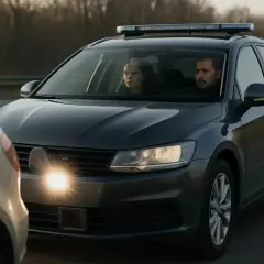 Voiture banalisée avec radar, flash avant activé. Deux policiers à bord, prêts à verbaliser.