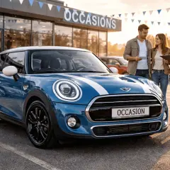 Couple discute avec un vendeur devant une Mini Cooper 1.5 136 cv, symbole de fiabilité.
