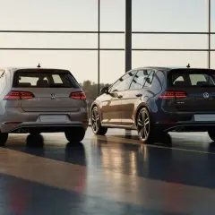 Deux Volkswagen Golf 7, une beige et une grise, vues de l'arrière. Comparaison subtile entre le Golf 7 phase 1 et phase 2.