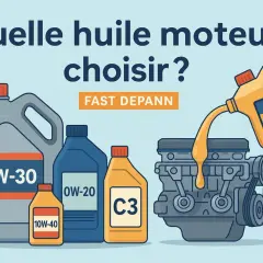 Plusieurs bidons d'huile moteur essence (5W-30, 0W-20, 10W-40, C3) sont présentés, dont un verse de l'huile dans un moteur.