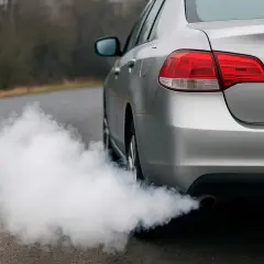 Nuage de fumée blanche sortant du pot d'échappement d'une voiture argentée. Ma voiture sent l'essence, problème mécanique ?