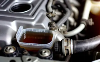 Un réservoir transparent contient du liquide de refroidissement marron, près du moteur d'une voiture.