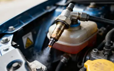 Gros plan sur un injecteur qui fuit, émettant de la vapeur sous le capot d'une voiture.