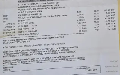 Relevé d'entretien pour une Dacia Sandero essence : changement de filtre à air, test des freins, huile moteur, filtre à huile, etc.
