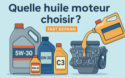 Plusieurs bidons d'huile moteur essence (5W-30, 0W-20, 10W-40, C3) sont présentés, dont un verse de l'huile dans un moteur.