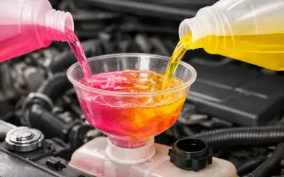 Mélange de liquide de refroidissement rose et jaune versé dans un entonnoir. Quel liquide de refroidissement rose pour quelle voiture ?
