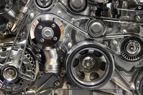 Mécanisme complexe de moteur avec courroie. Il est temps de changer courroie de distribution pour assurer le bon fonctionnement.