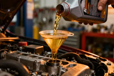 Un mécanicien verse de l'huile neuve dans le moteur d'une voiture, une étape essentielle pour la vidange d'huile moteur.
