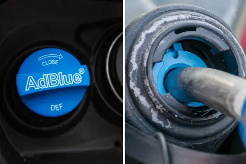 Bouchon AdBlue bleu fermé à gauche, remplissage AdBlue à droite. Le moteur peut être chaud ou froid lors de cette opération.